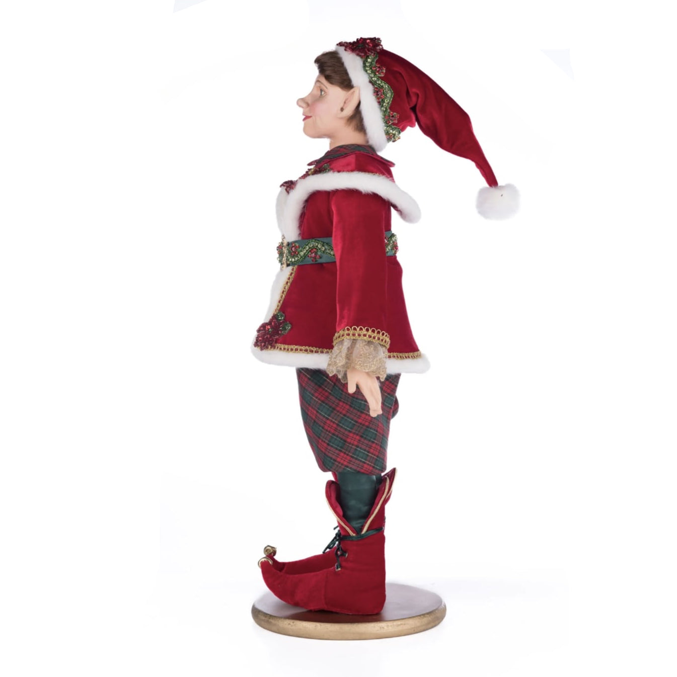 Left side profile of Dash O Magic Boy Elf with jeweled trims and lace details