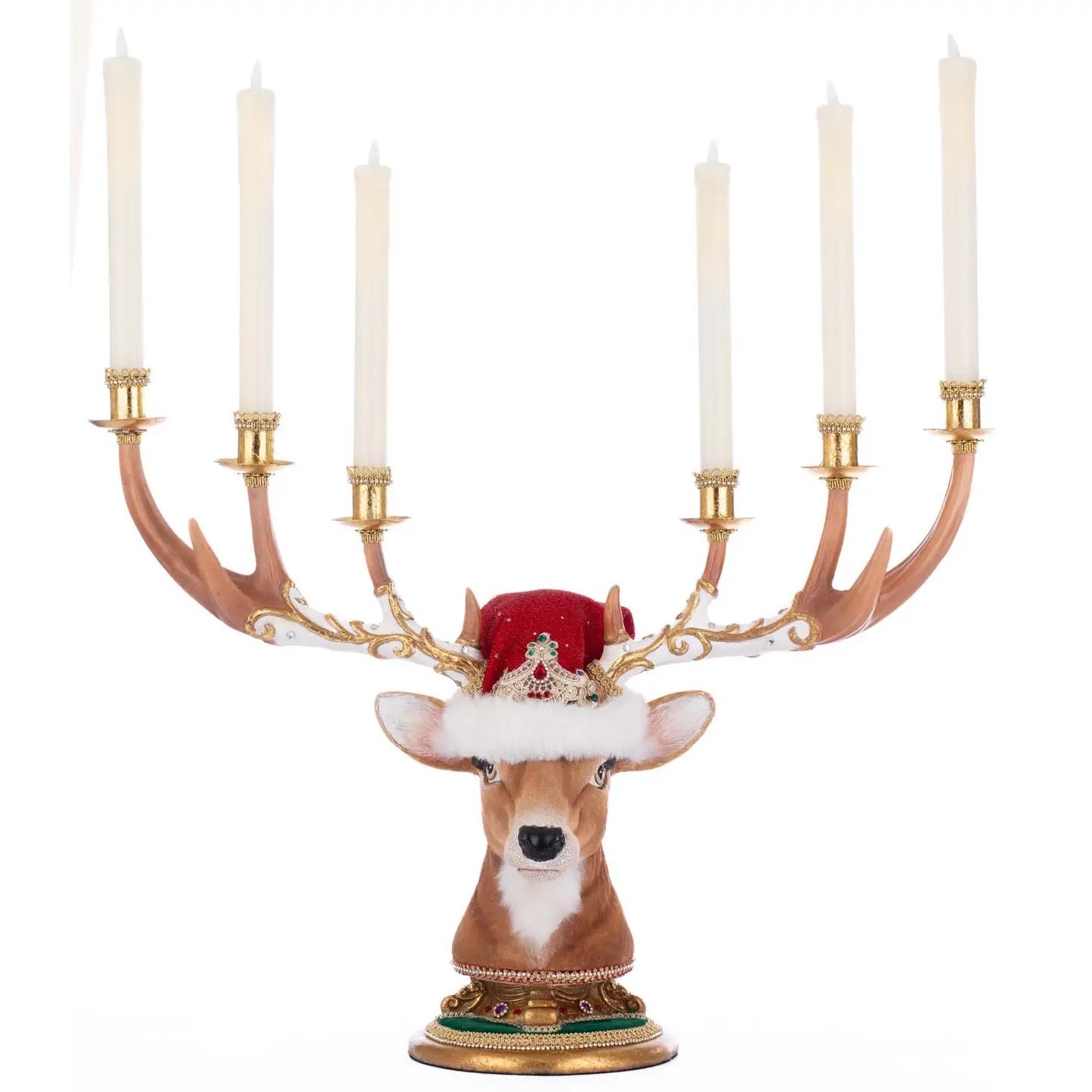 Katherine’s Collection Royal Christmas Ball Deer Head Candelabra with white-accented antlers, six candle holders, and red rhinestone cap with tassel