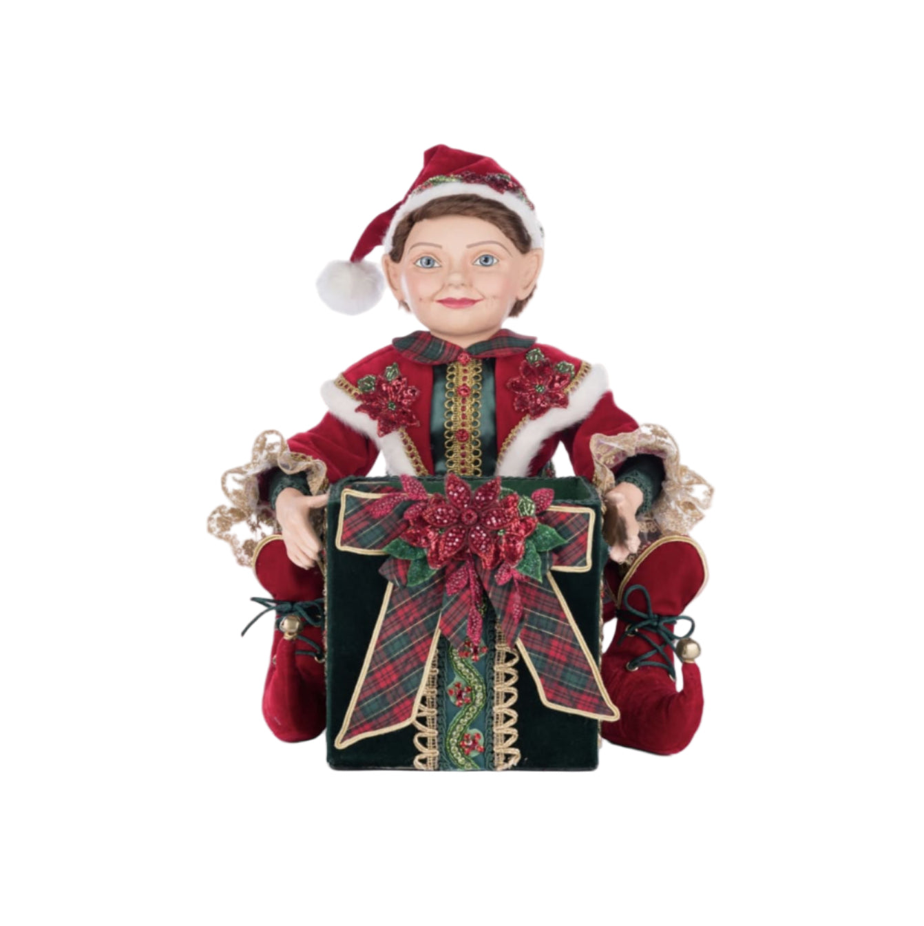 Front view of Katherine’s Collection Holiday Magic Elf Holding Gift Candy Bowl SKU 28-428327 GTIN 810074128193
