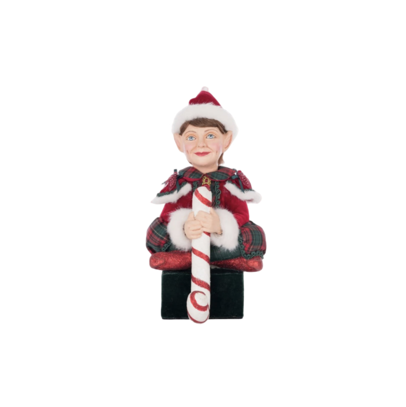 Front view of Katherine’s Collection Holiday Magic Sitting Elf with Giftbox Stocking Holder