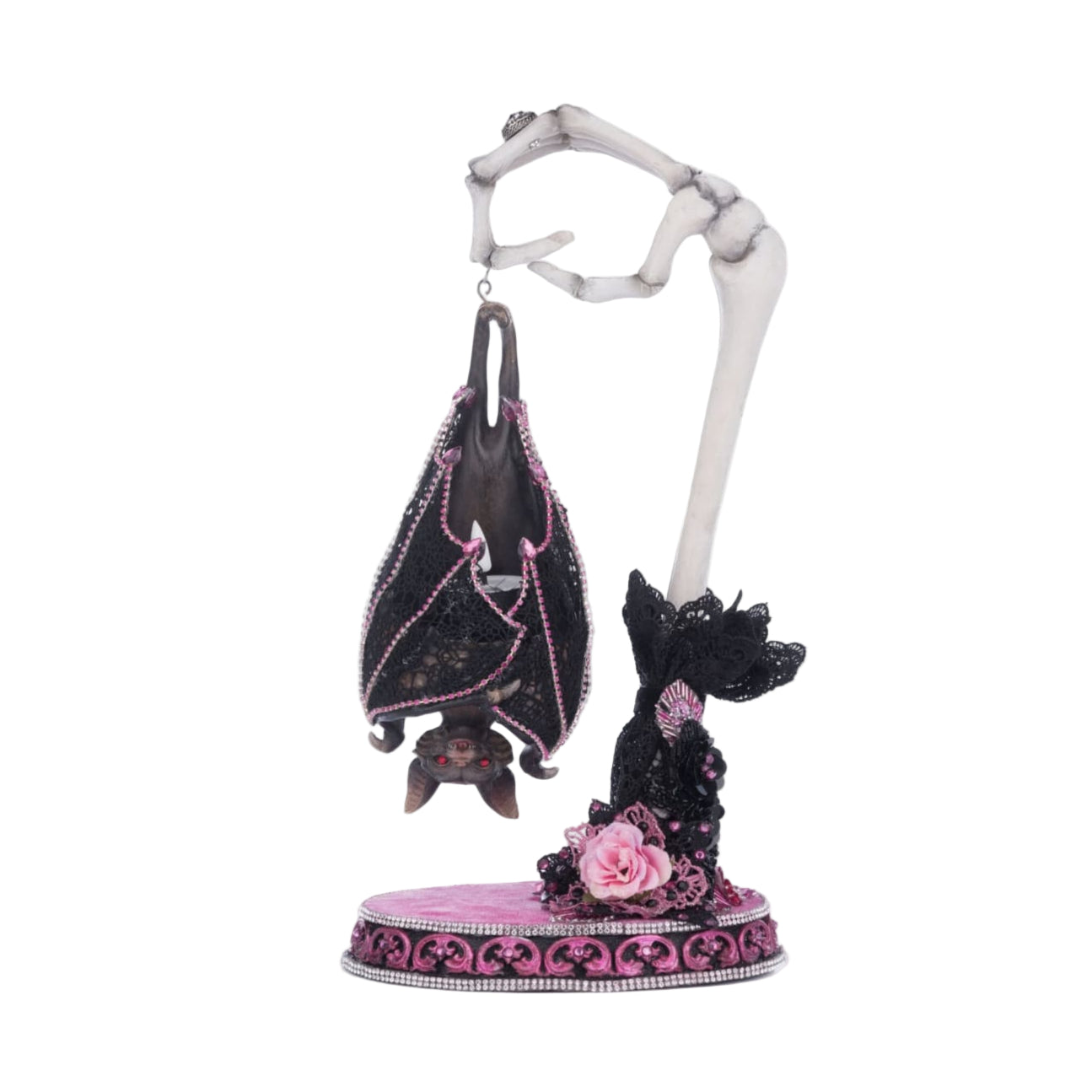 Katherine’s Collection Lacey Bat Luminary with tea light off, highlighting handcrafted sculpting and elegant finishes