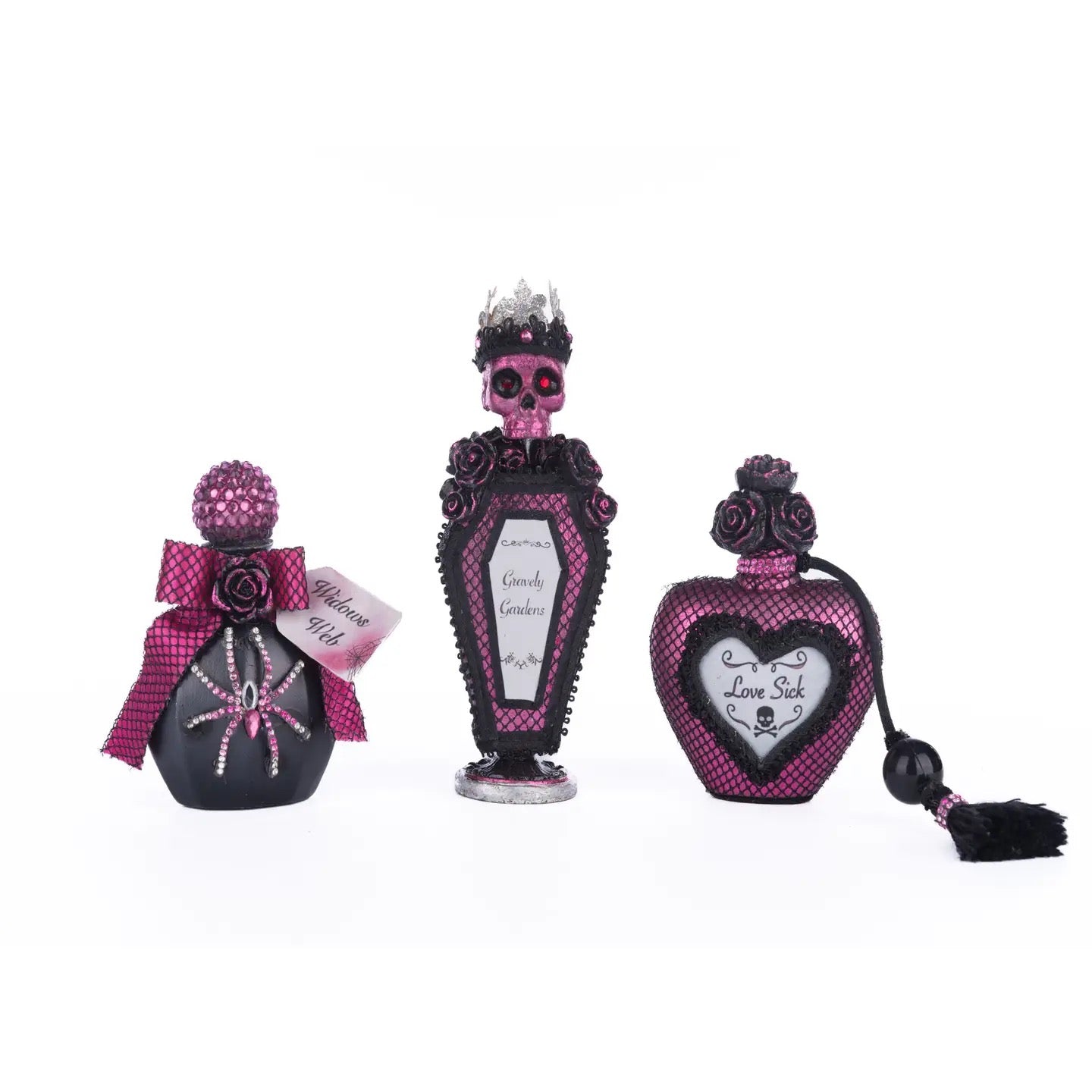 Close-up of resin-sculpted Halloween decor bottles – Katherine’s Collection Pink Panic Possession