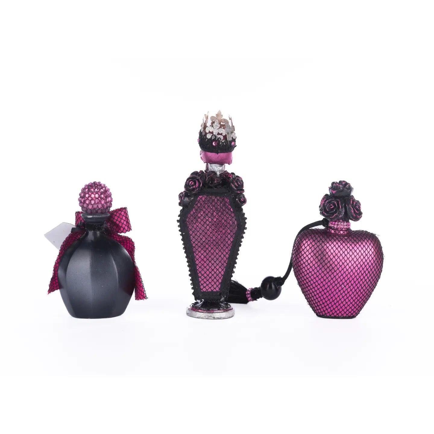 Hand-embellished pink and black potion bottles with roses and skulls – Katherine’s Collection Halloween decor