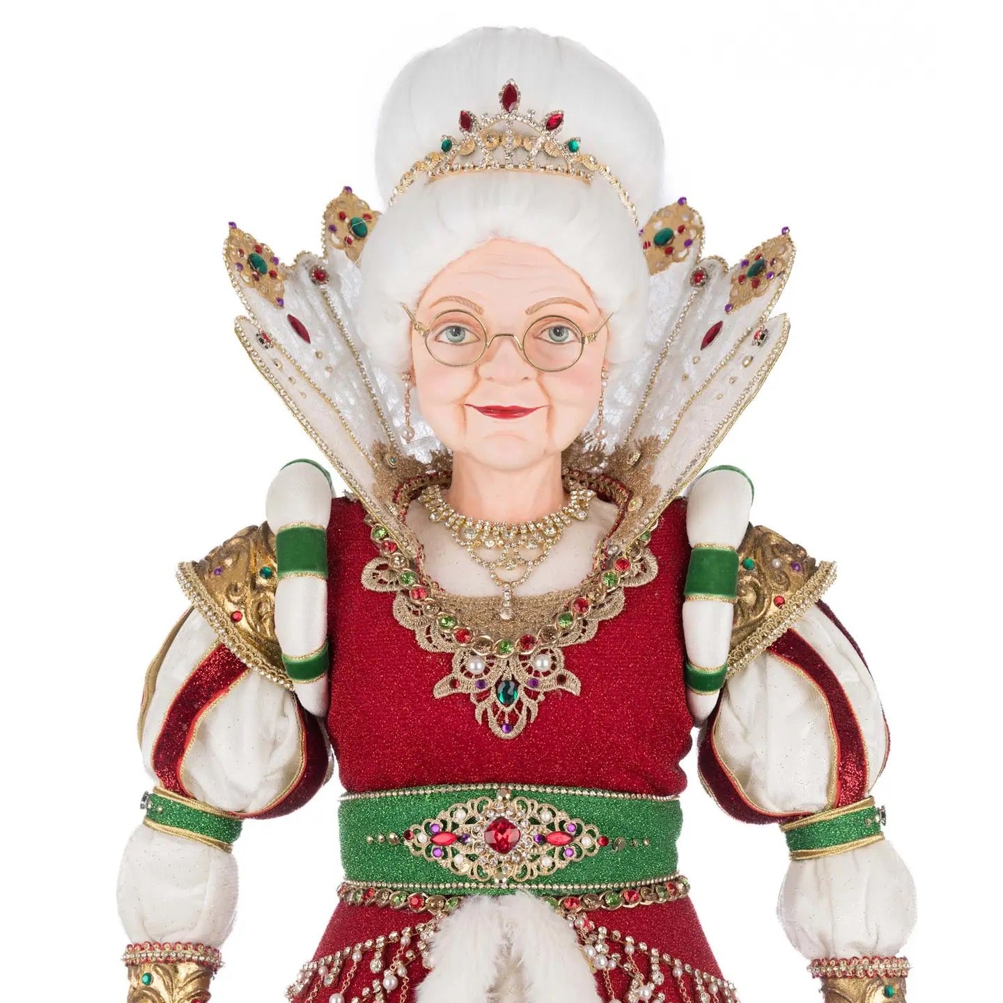Elegant holiday figurine of Queen Noelle Claus wearing a red rhinestone dress, gold crown with gemstones, and white faux fur trim by Katherine’s Collection