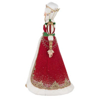 Close-up of Queen Noelle Claus’s jeweled crown, white updo hairstyle, and high-collared brocade gown from the Royal Christmas Ball Collection