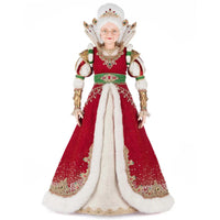 Katherine’s Collection Queen Noelle Claus of the North Pole in red dress with gold brocade, gemstone crown, faux fur trim, and rhinestone details
