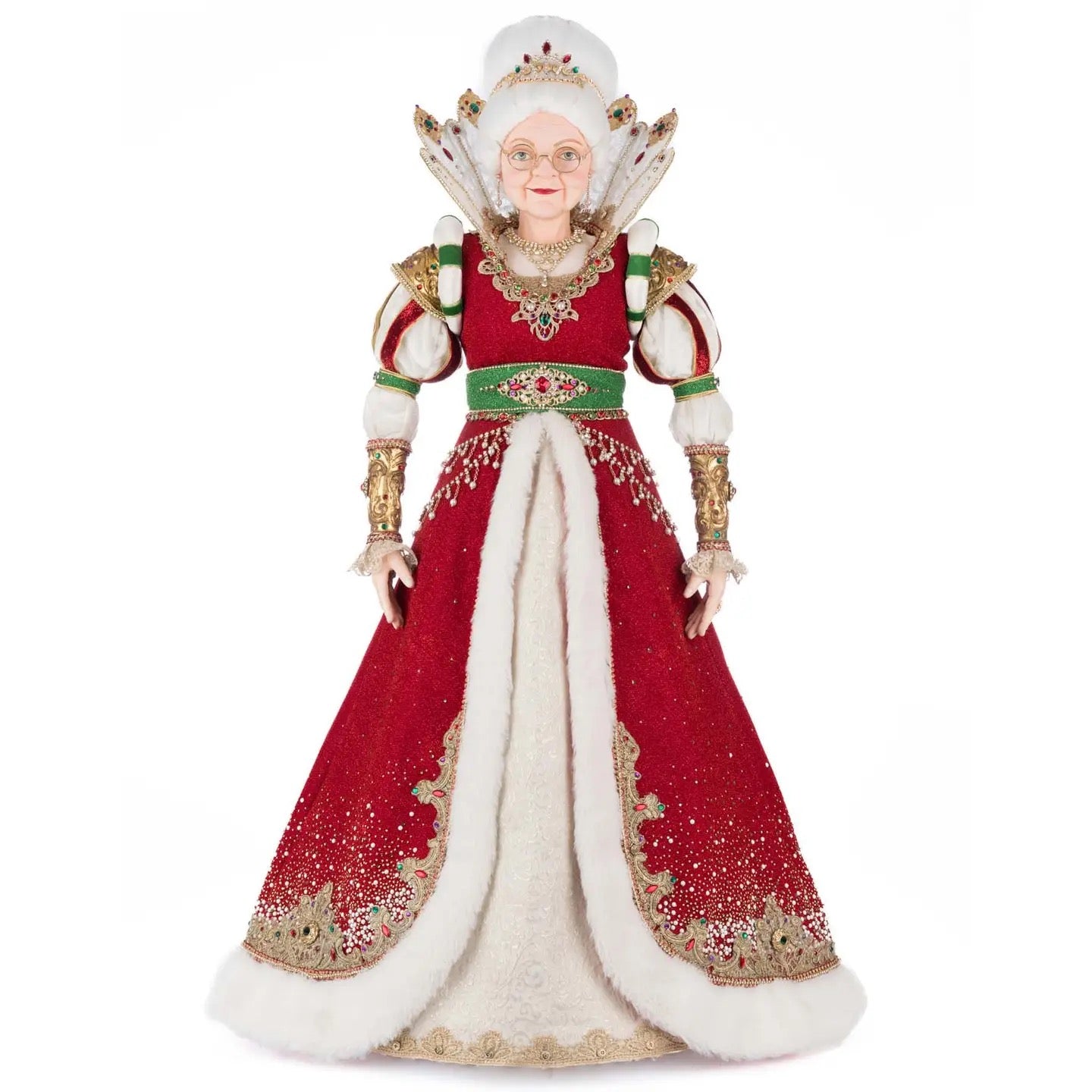 Katherine’s Collection Queen Noelle Claus of the North Pole in red dress with gold brocade, gemstone crown, faux fur trim, and rhinestone details