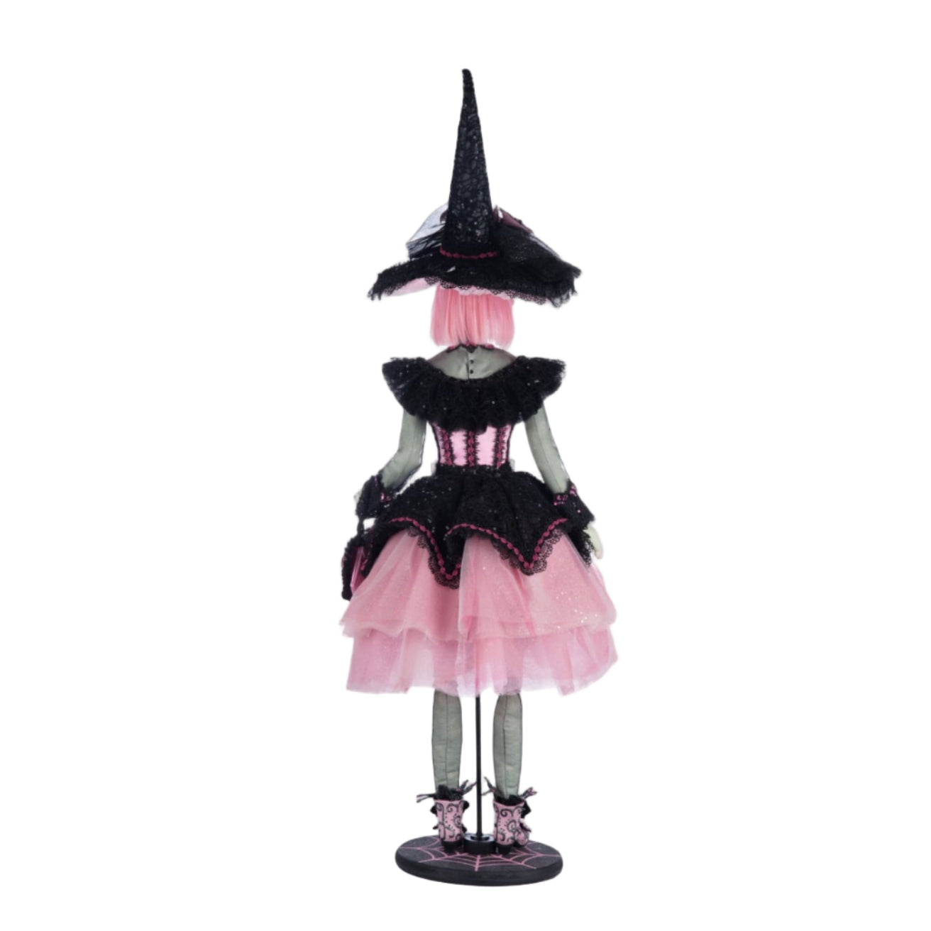 Katherine’s Collection Rosalie Blackthorn Doll 28-428140 back view, handcrafted Halloween witch with black lace, pink satin, and jeweled hat.