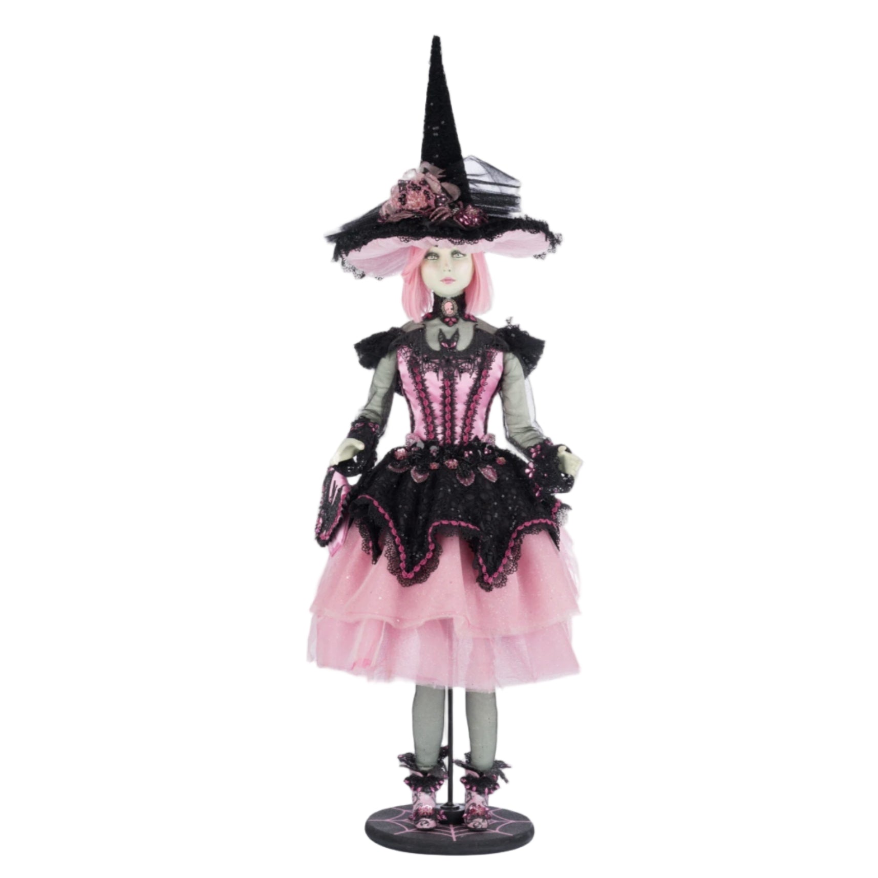 Katherine’s Collection Rosalie Blackthorn Doll 28-428140 front view, handcrafted Halloween witch with black lace, pink satin, and jeweled hat.