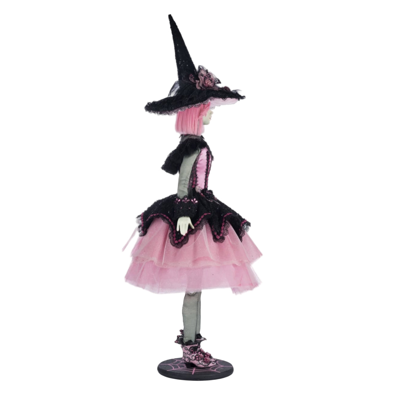 Right Side view of Katherine’s Collection Rosalie Blackthorn Doll, Pink Panic Possession 2024, showing detailed hand-beaded black lace and pink tulle costume.