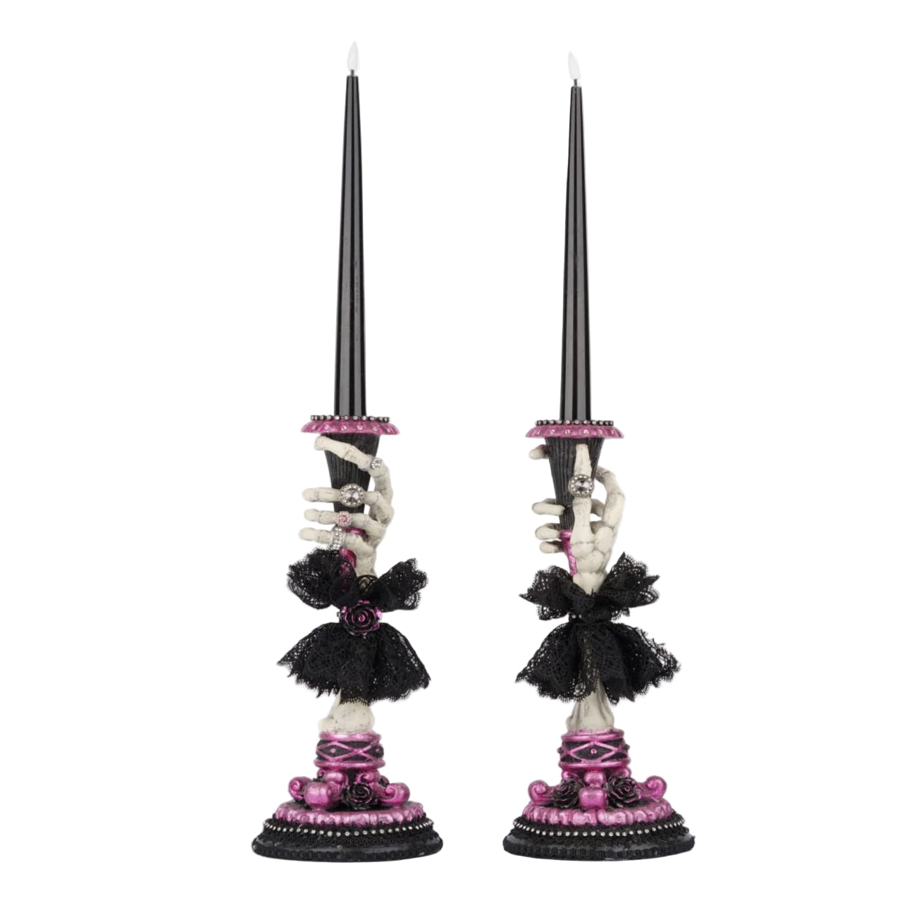 Detail of black battery-operated candle included with Katherine’s Collection Skeleton Hand Candle Sticks set