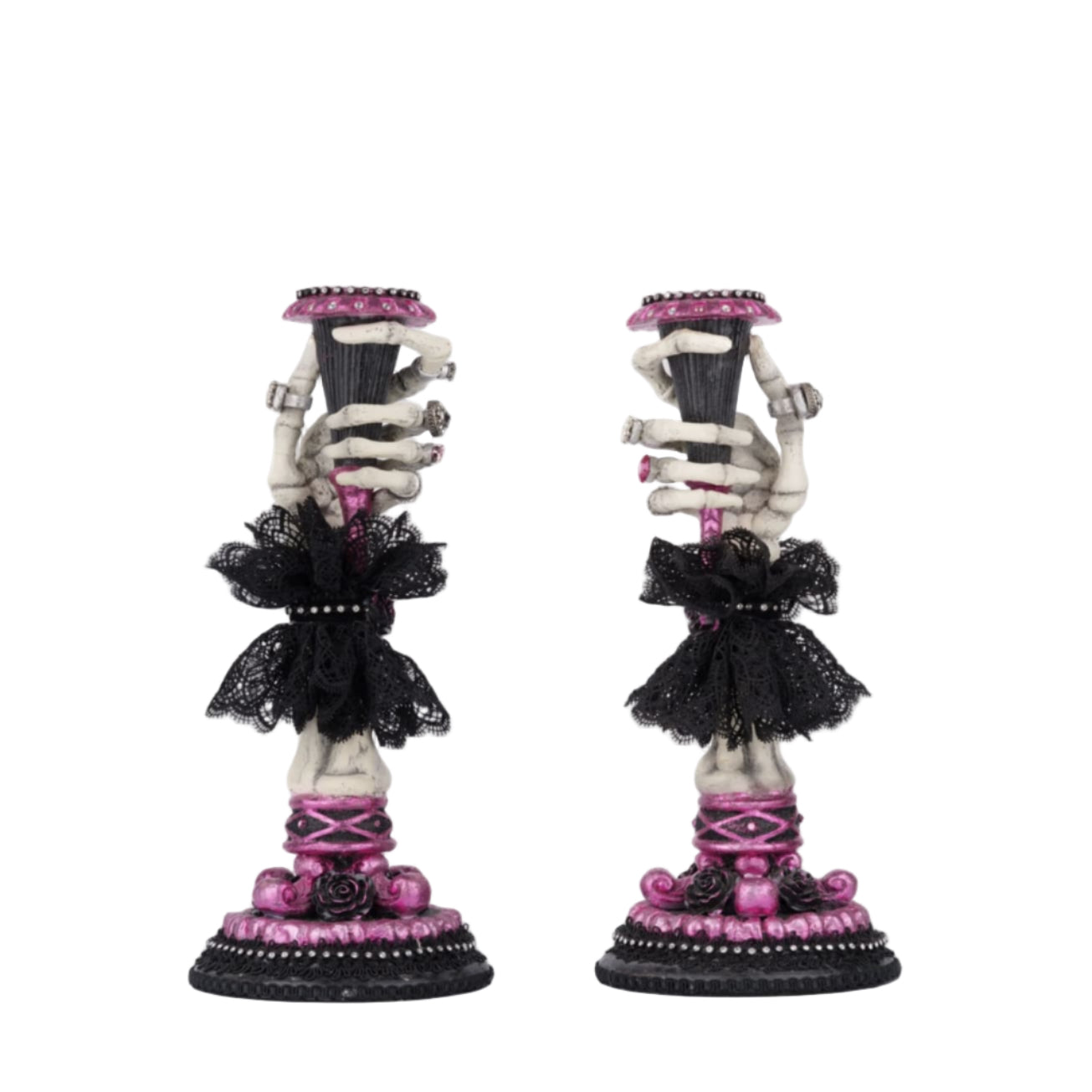 Skeleton Hand Candle Stick by Katherine’s Collection, front view with jeweled rings, lace sleeves, and rhinestones.