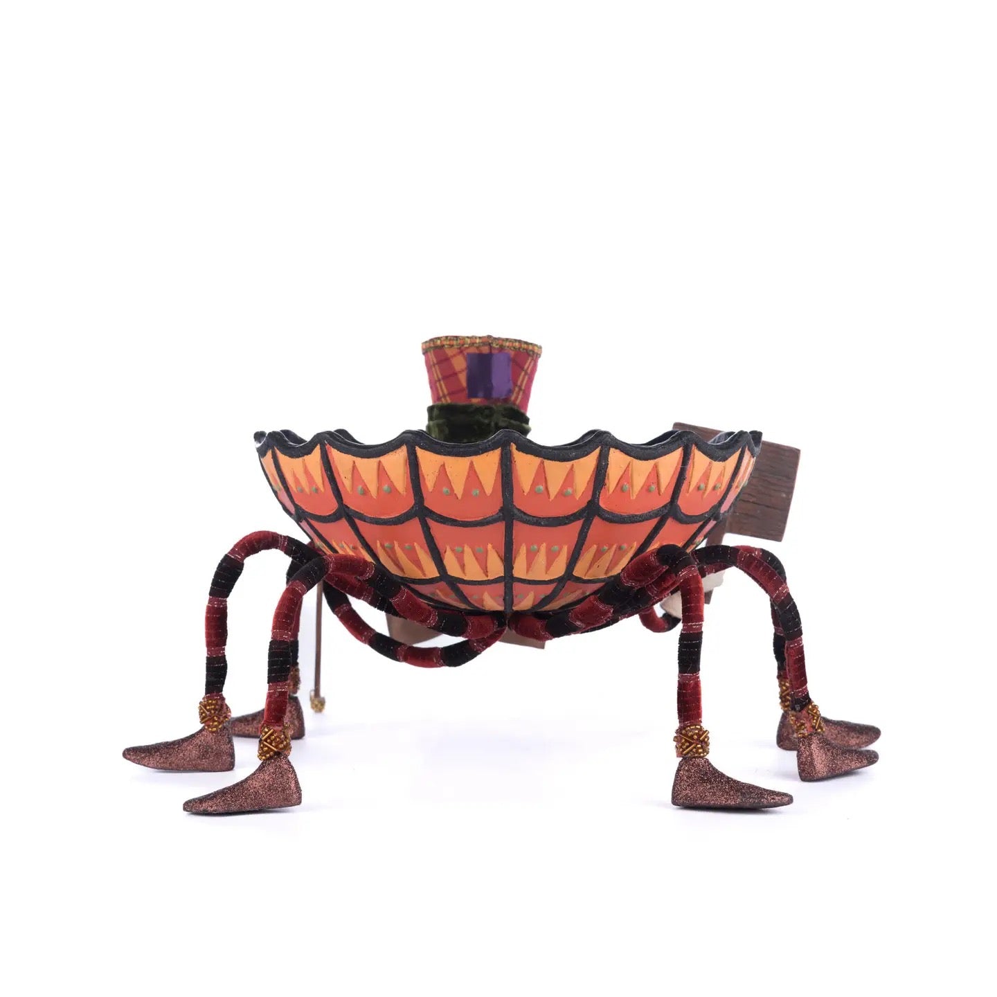 Upside-down spider with web bowl, bow tie, and "Candy for Sale" sign – artisan decor