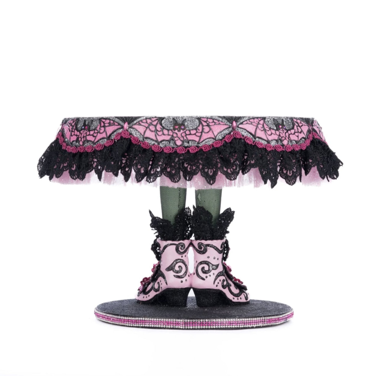 Back view of Katherine’s Collection Witch Boots Cake Plate, highlighting handcrafted details and beaded embellishments.