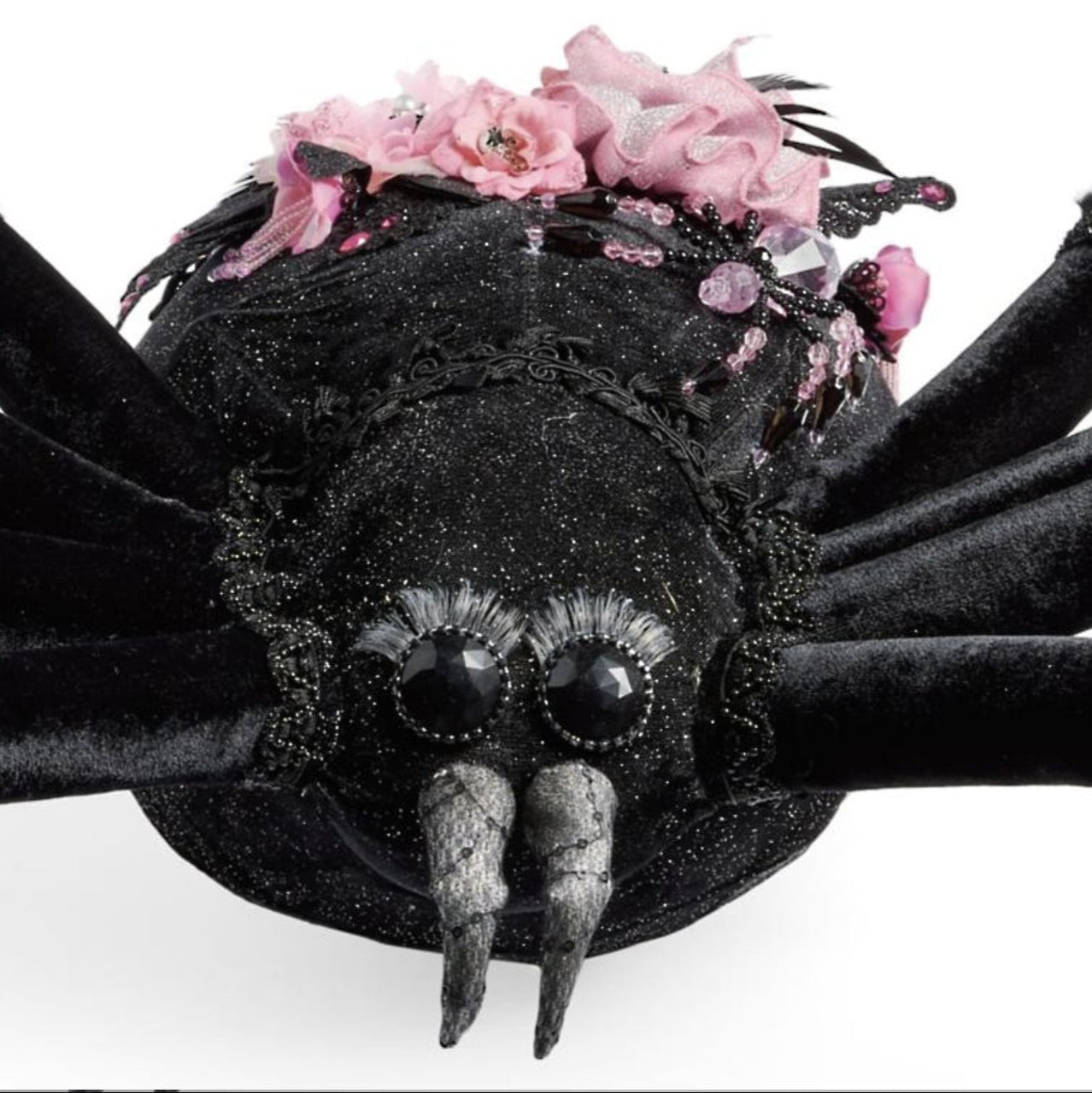 Close-up of Rosie Recluse the Spider face, handcrafted Halloween décor piece from Katherine’s Collection Pink Panic Possession 2024.