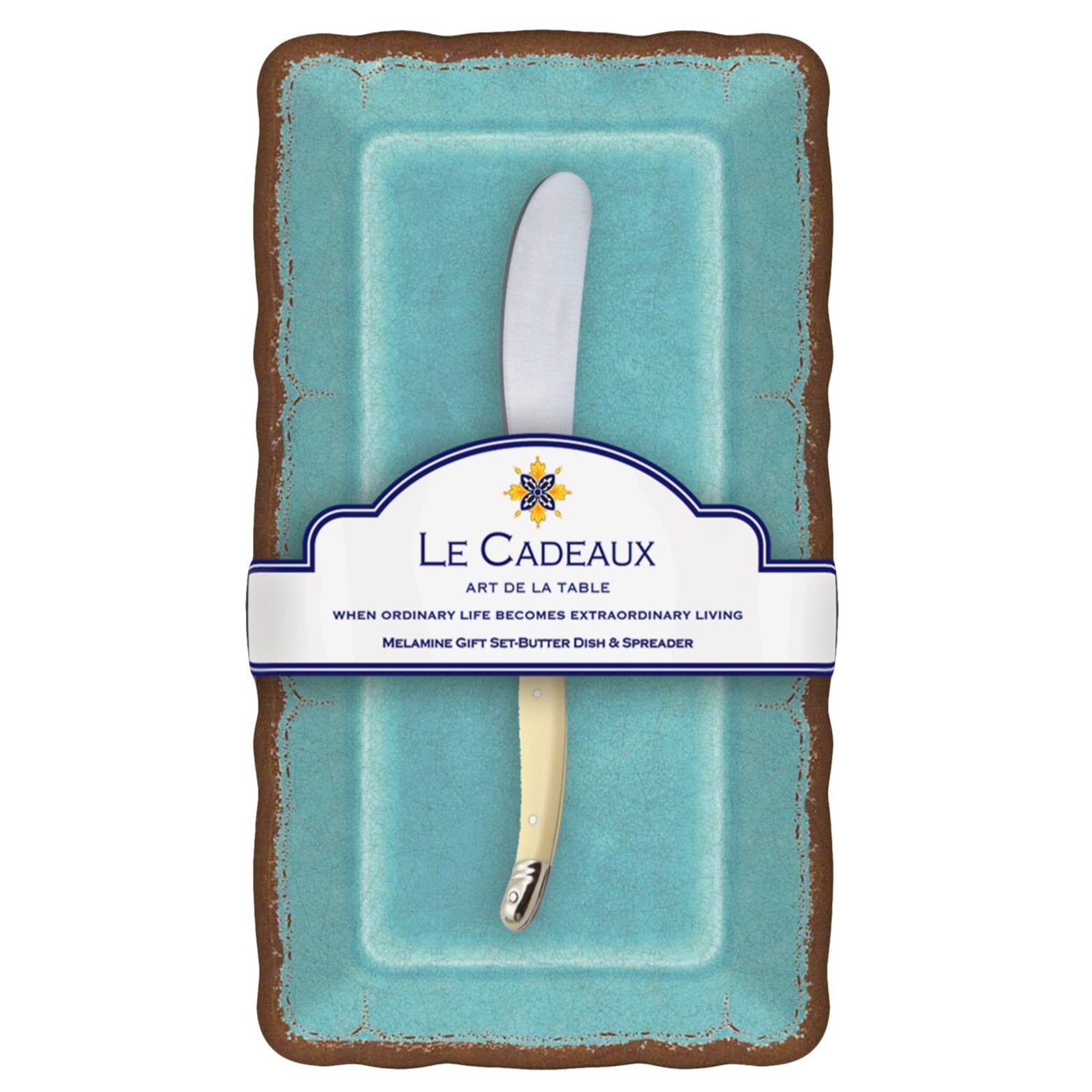 Teal melamine tray with a white knife on a white background, featuring 'Le Cadeaux' branding.