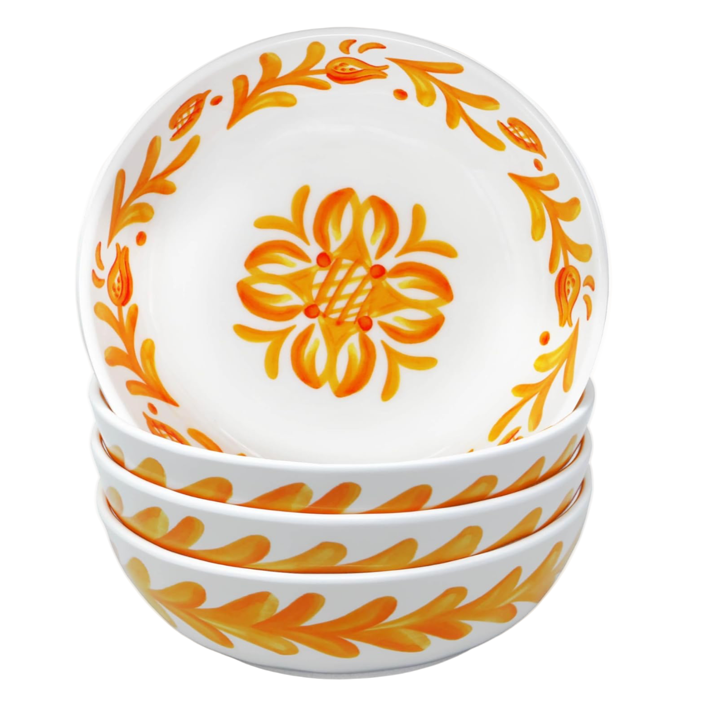 Set of four le cadeaux Sicilian orange melamine cereal bowls with orange floral design on a white background
