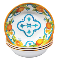 Set of le cadeaux Valencia melamine cereal bowls with decorative tangerine orange citrus design on a white background