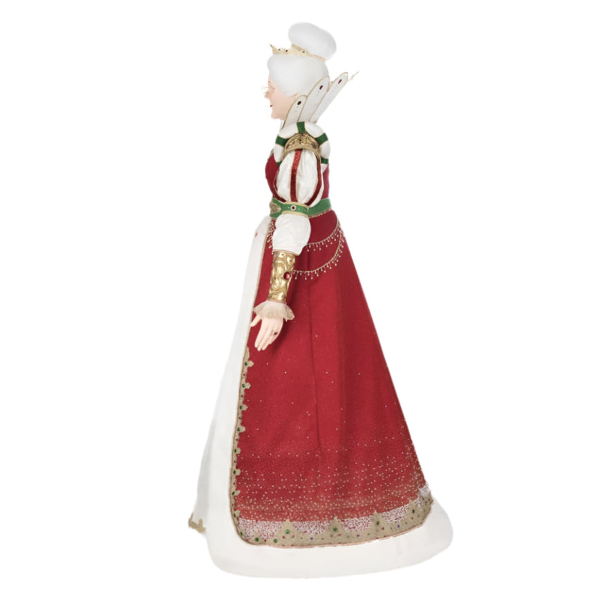 Queen Noelle Claus in red and gold gown with gemstone tiara Katherine’s Collection