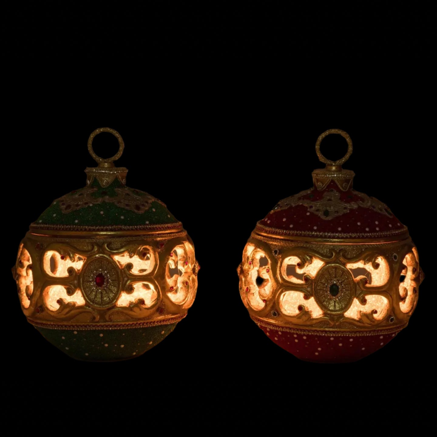 katherines-collection-christmas-ball-tea-light-ornaments-red-green-gemstone-gold-2025-holiday-decor-lit-for-night