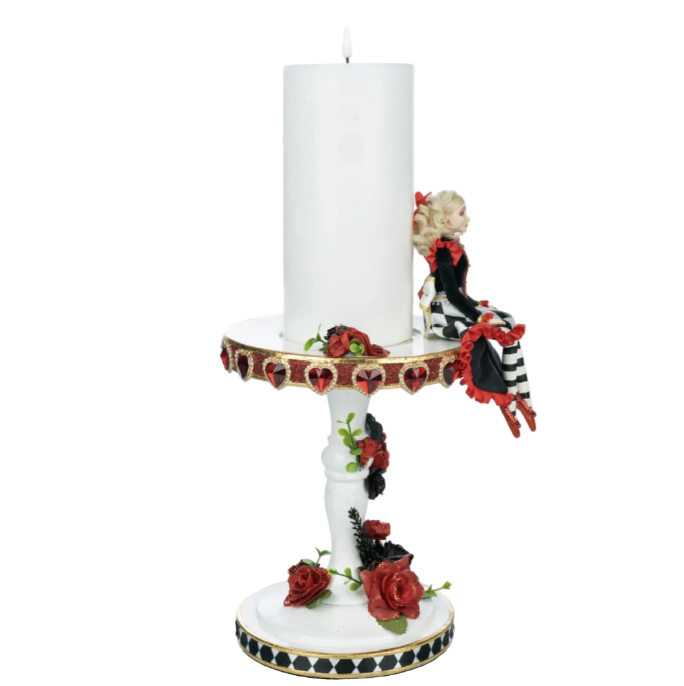 Right side view of whimsical Alice figurine in black diamond skirt and red shoes sitting on candle base – SKU 28-428131