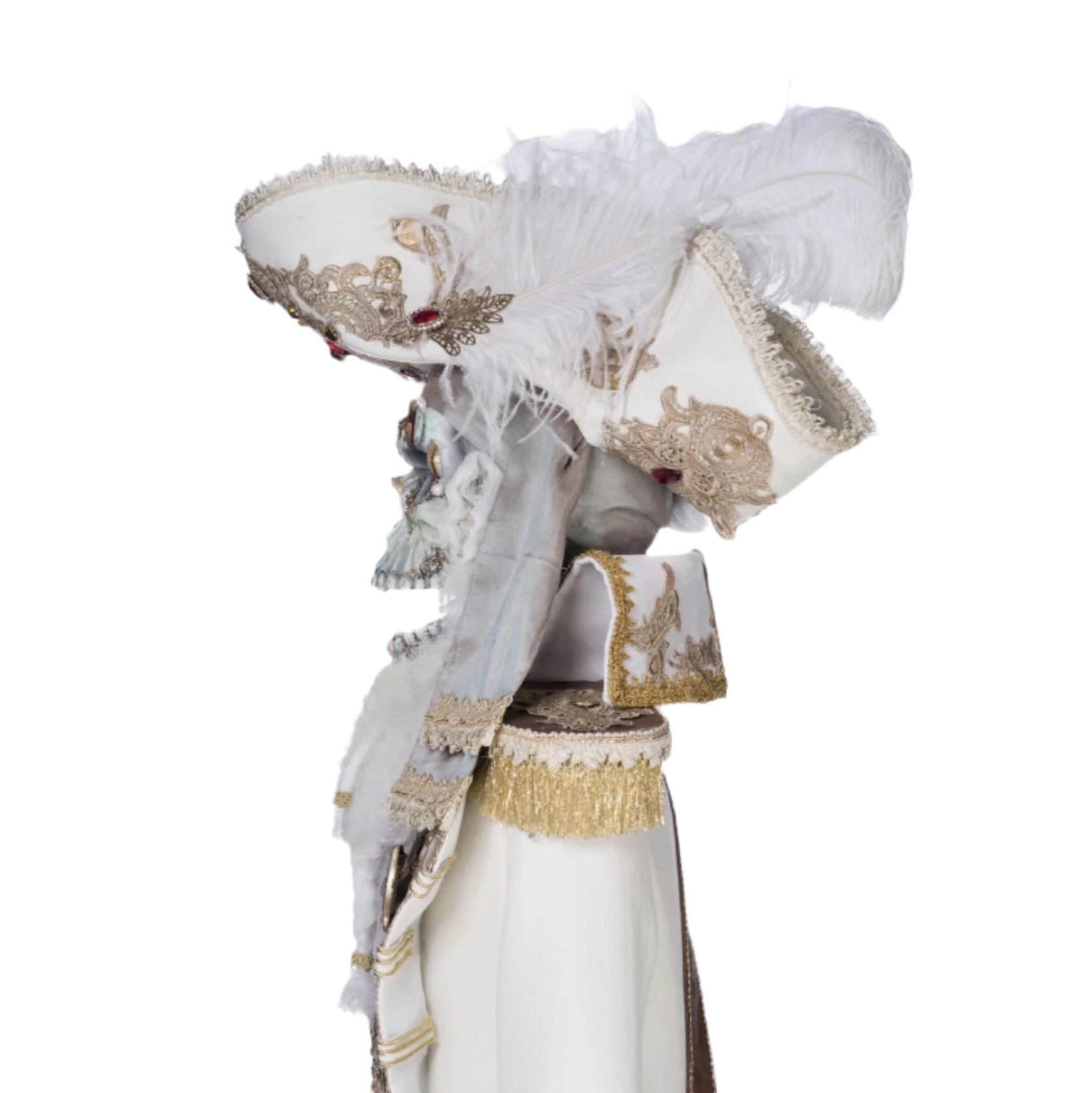 Right view of bust of Captain Skully Swashbuckler life-size Halloween doll by Katherine’s Collection – ornate pirate costume and goldleaf peg leg
