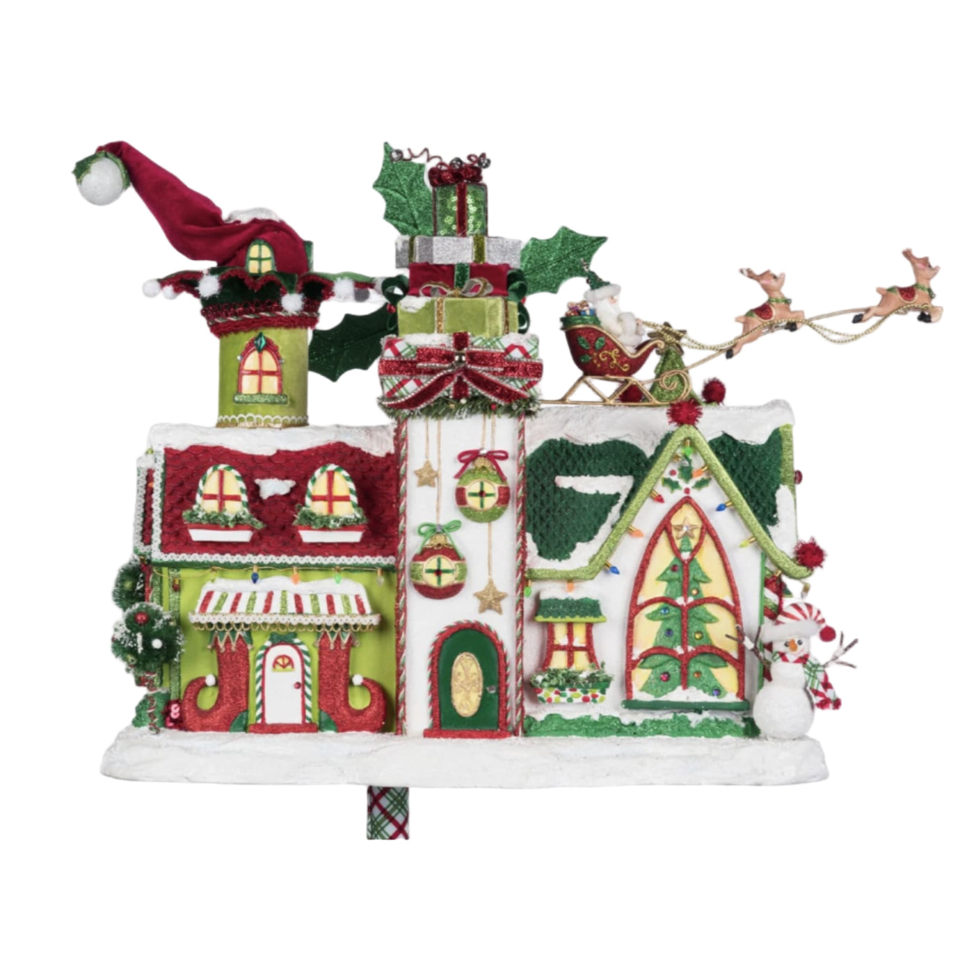 right Side angle of the Whimsical Village Mailbox, hand-painted resin with sparkled fabric, holly embellishments, and snow detail.