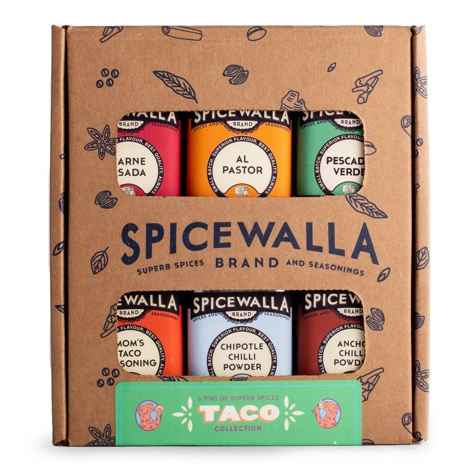 Spicewalla Taco Collection Gift Set with six premium taco seasonings displayed in colorful tins