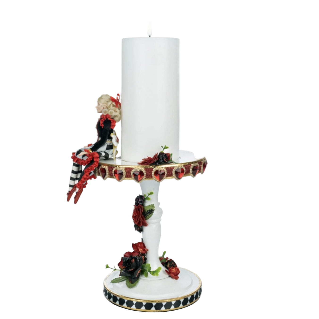 Tiny Red Alice Pillar Candle by Katherine’s Collection with red bow and striped tights – SKU 28-428131