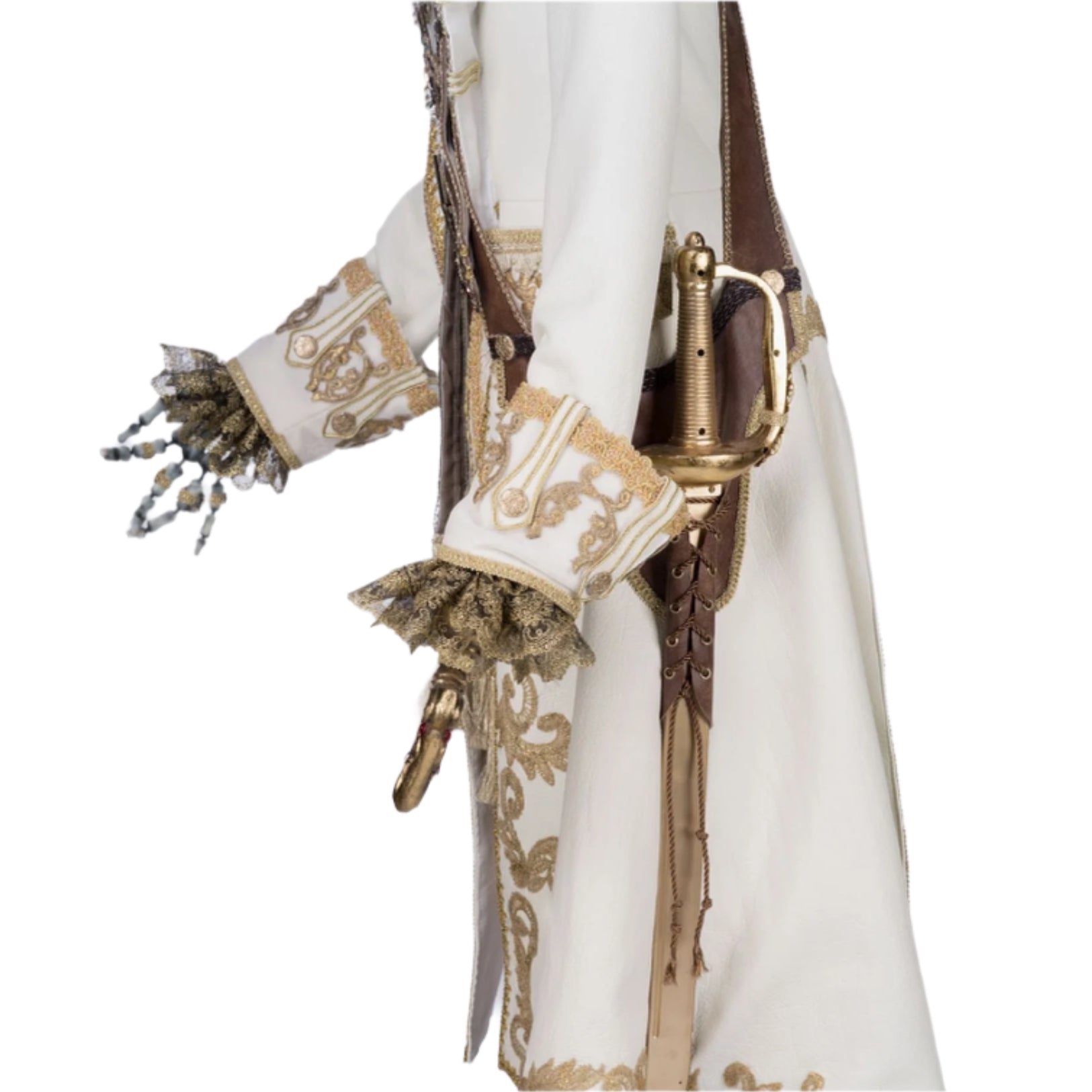 Full view of Captain Skully with jeweled hook hand, sword, and pirate jacket
