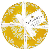 Le Cadeaux Paloma Yellow appetizer plates set for entertaining, the plates have a yellow and white floral pattern and come with a 'Le Cadeaux label 