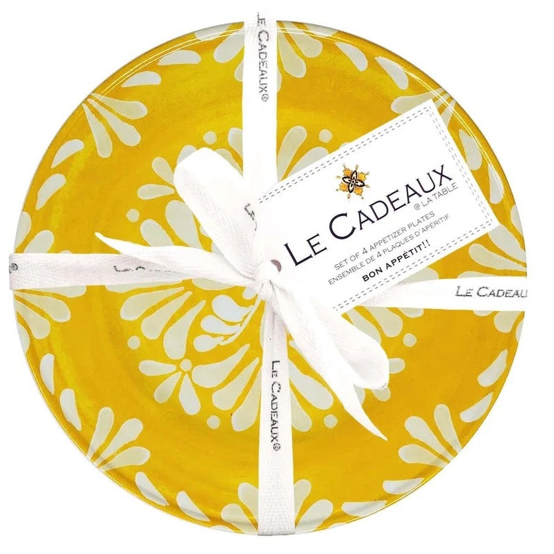 Le Cadeaux Paloma Yellow appetizer plates set for entertaining, the plates have a yellow and white floral pattern and come with a 'Le Cadeaux label 