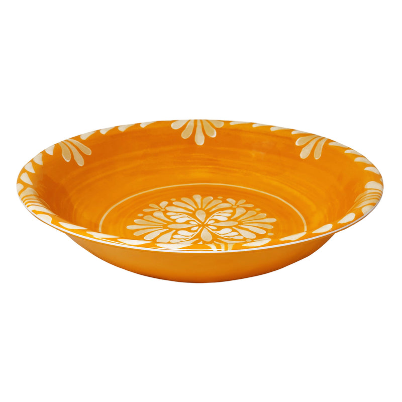 Le Cadeaux Paloma Orange bowl with white floral patterns on a white background 244PLO-810056679132-Le-Cadeaux-Paloma-Large-Melamine-Outdoor-Serving-Salad-Bowl