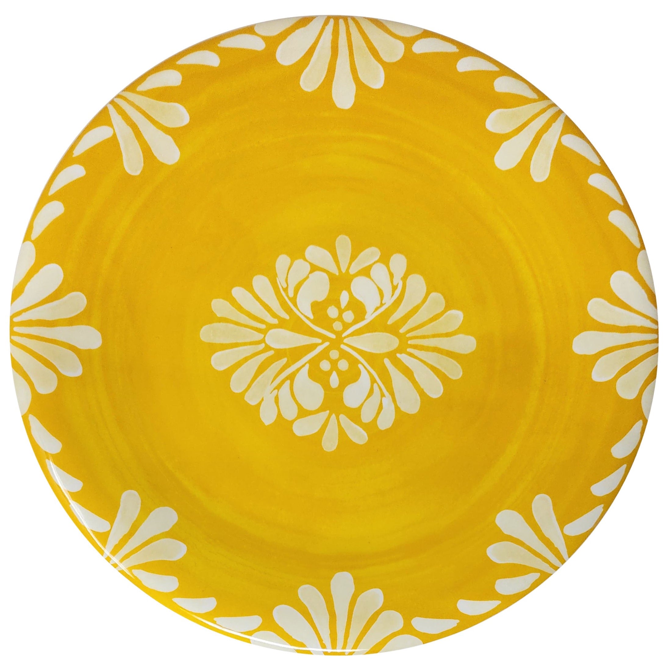 Decorative le Cadeaux Paloma yellow salad plate with floral pattern on a white background