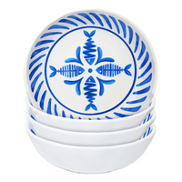 Set of four le cadeaux mediterraneo white and blue cereal bowls with blue fish pattern on a white background, item 347MDT, upc: 810056678081