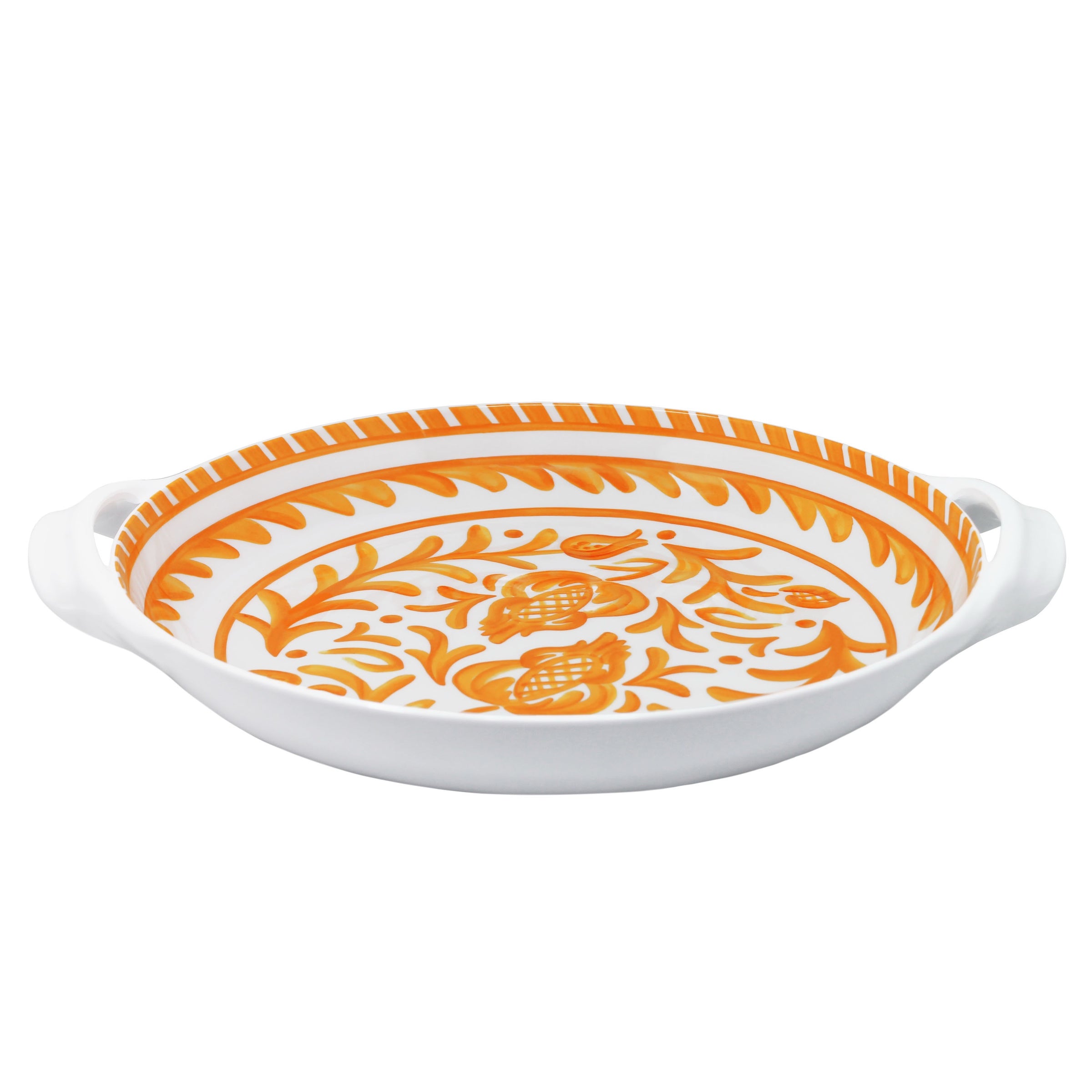 Decorative le cadeaux Sicily orange serving bowl with orange floral pattern on a white background side view