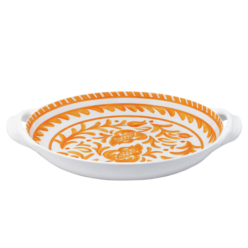 Decorative le cadeaux Sicily orange serving bowl with orange floral pattern on a white background side view