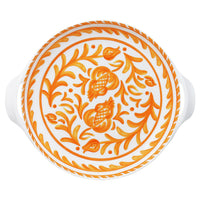 Decorative le cadeaux Sicily orange serving bowl with orange floral pattern on a white background top view