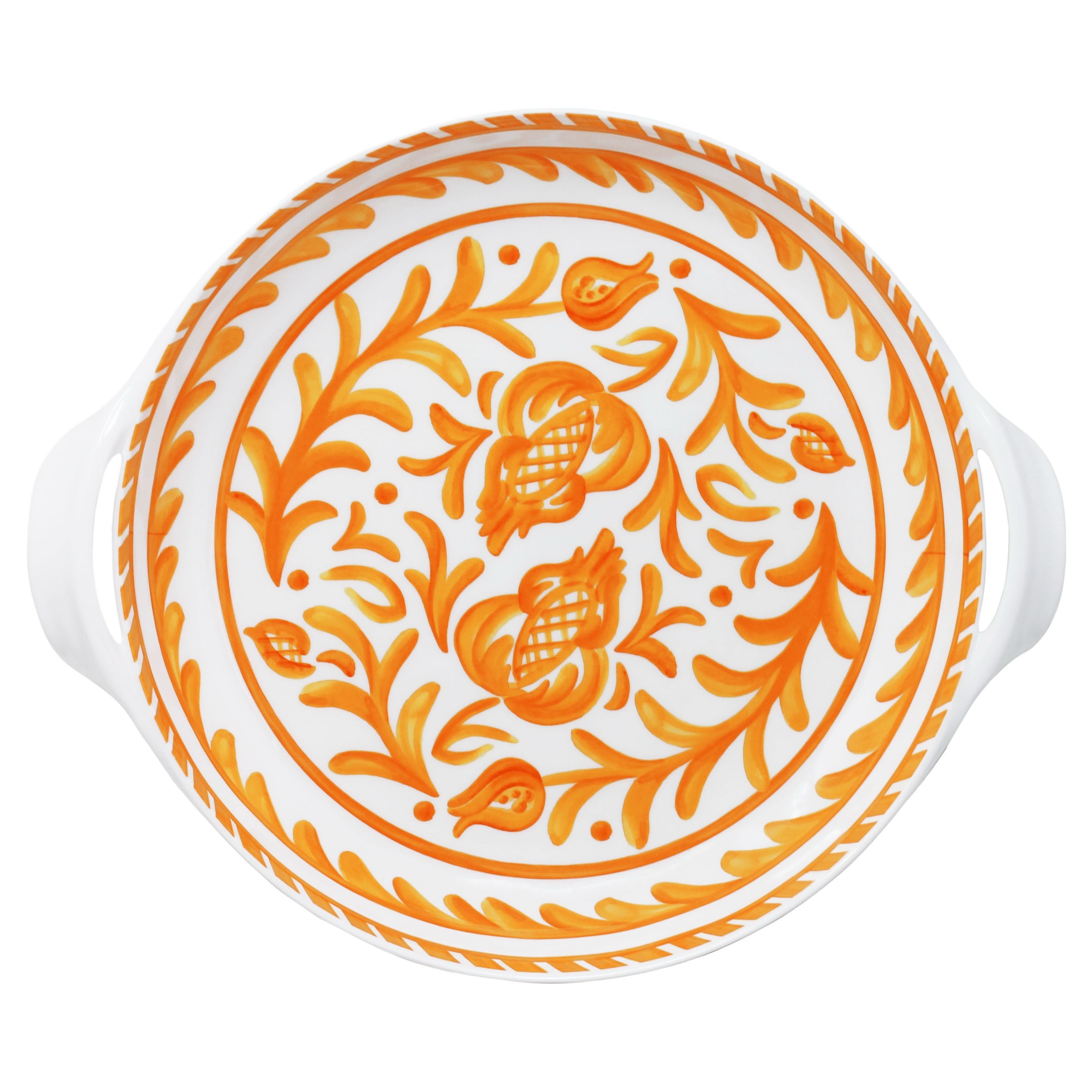 Decorative le cadeaux Sicily orange serving bowl with orange floral pattern on a white background top view
