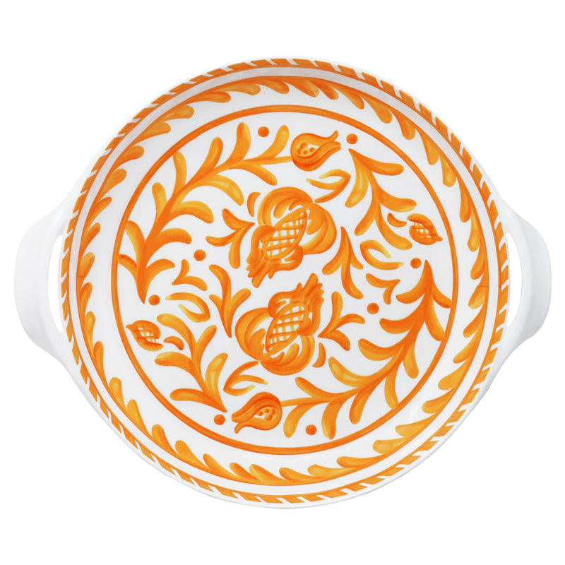 Decorative le cadeaux Sicily orange serving bowl with orange floral pattern on a white background top view