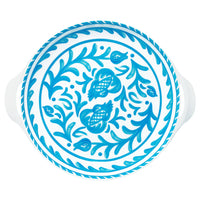top view of le cadeaux Sicily teal decorative serving bowl with blue floral patterns on a white background