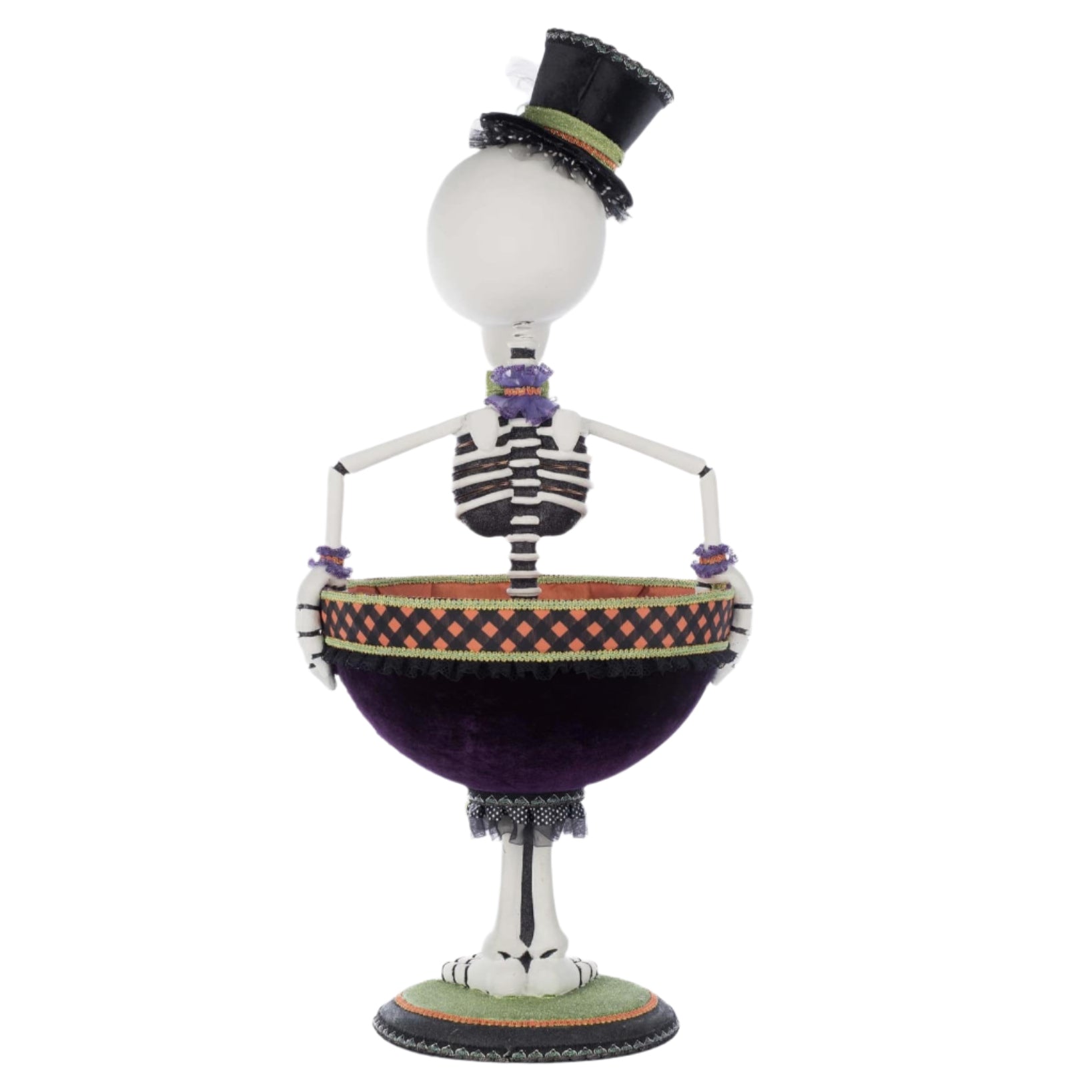 Description: Rear angle showing the full plaid jacket, hand-painted details, and height of this whimsical Halloween figure.