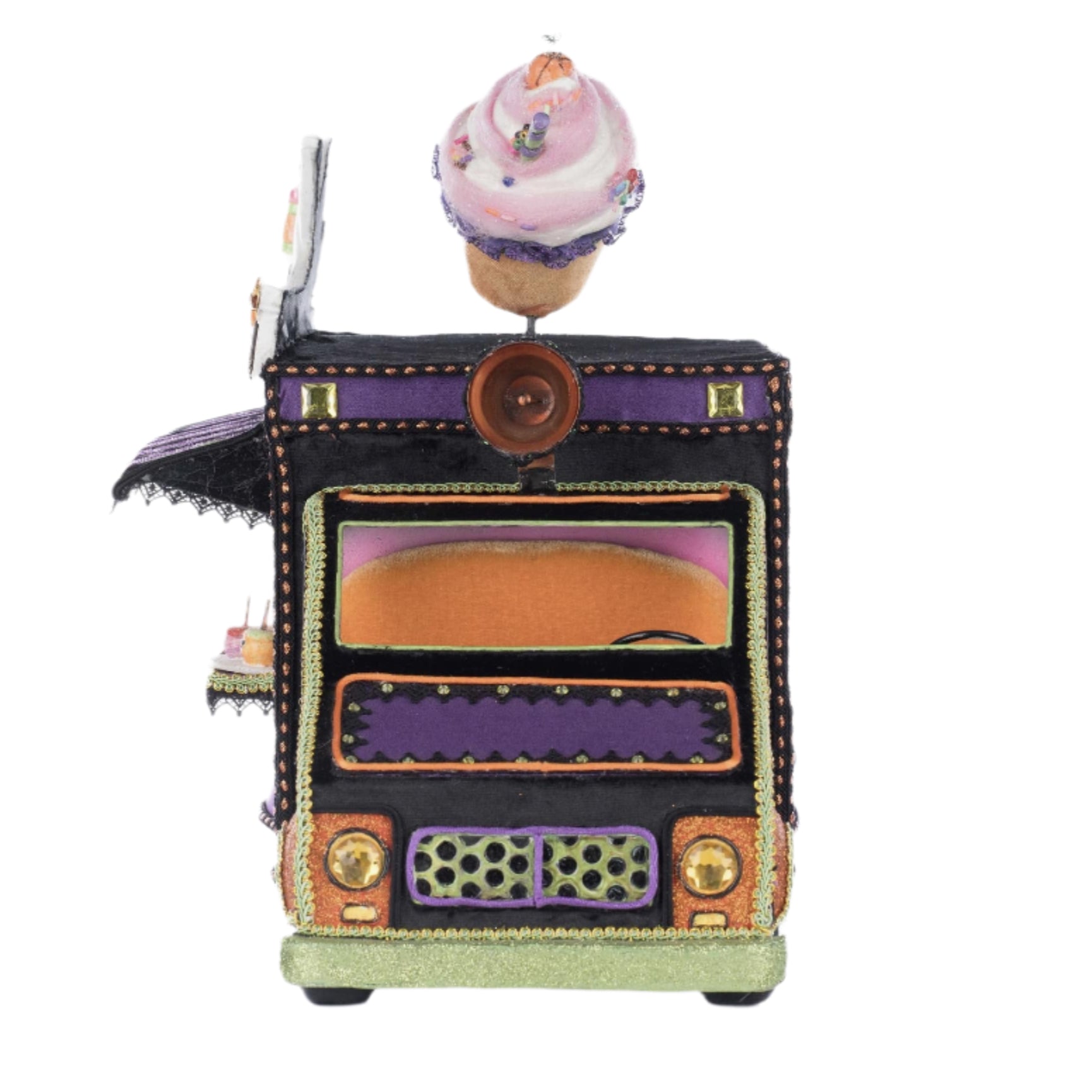 Colorful Halloween Boo-Rista Coffee food truck with cupcake and ghost on top against a white background 