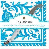 CCGS-256SCT+le+cadeaux+Sicily+Teal+Cocktail+Napkin+and+Mini+Laguiole+Cheese+Knife+hostess+gift+set