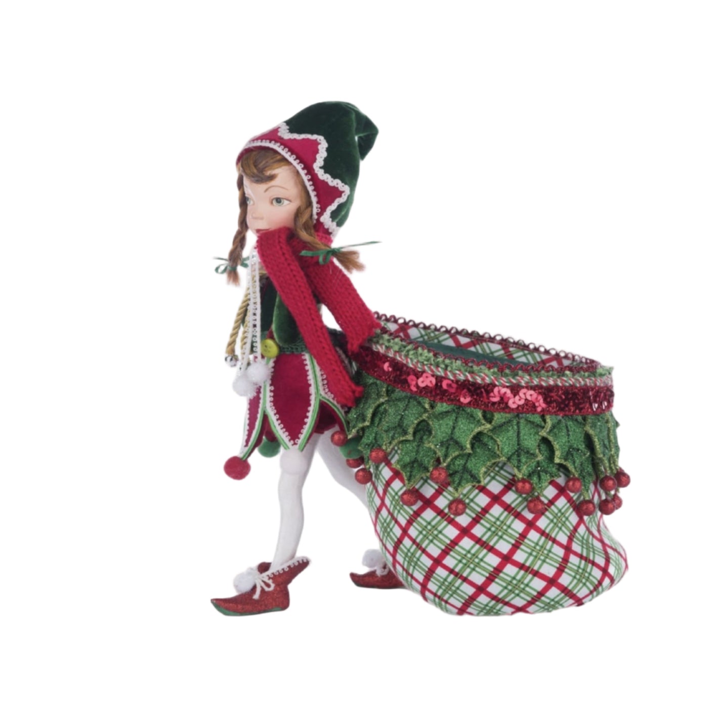 Detail of bag that can be filled with candy, Winter Snowdrop Elf With Bag, Katherine’s Collection, SKU 28-428412, GTIN 810074128506