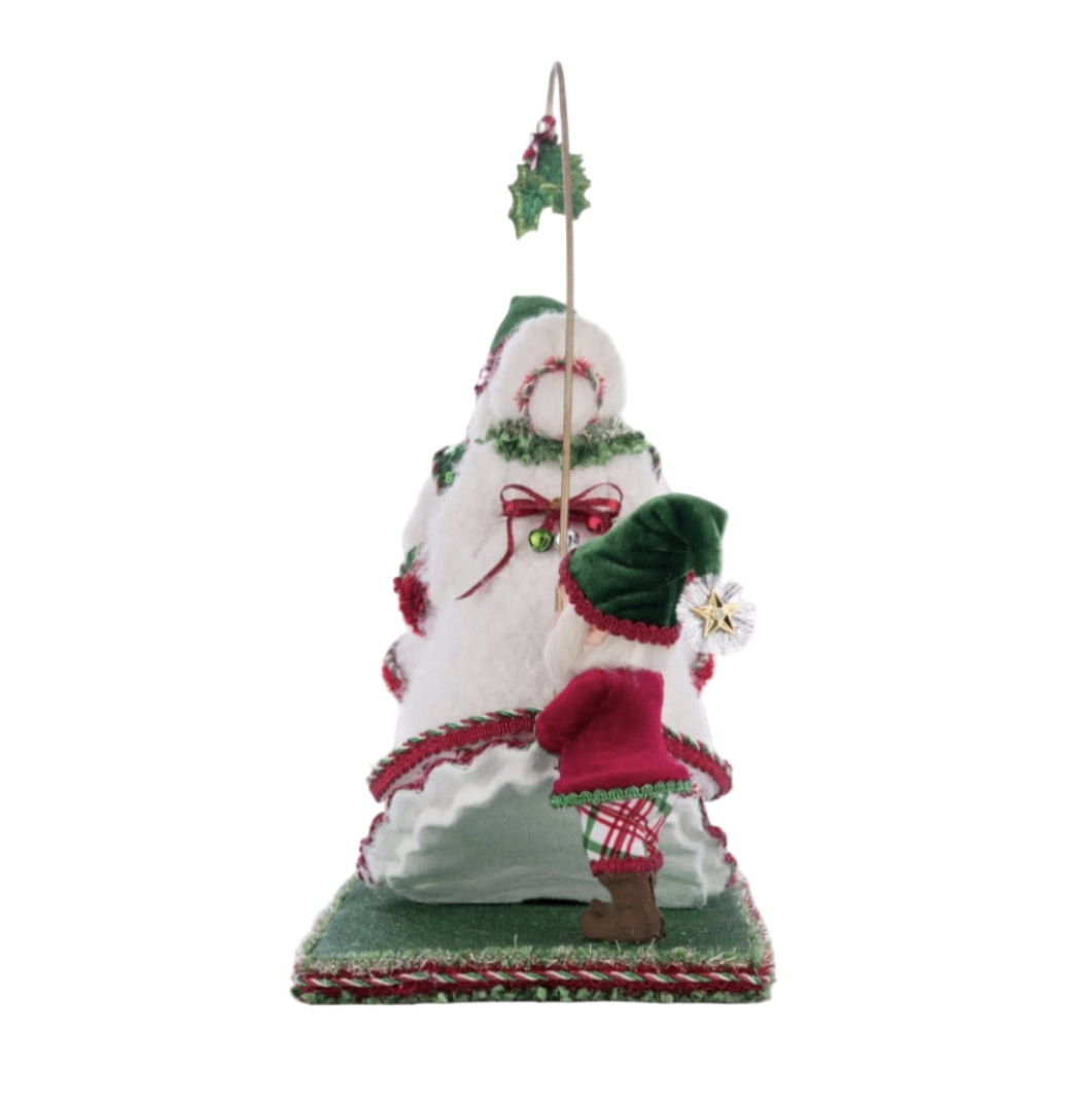 Handmade shiny mistletoe hanging from a goldleaf hook, Katherine’s Collection Mr. and Mrs. Claus figurine, SKU 28-428516, GTIN 810074128544