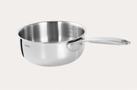 Stainless steel saucepan on a light gray background-showing-measurements