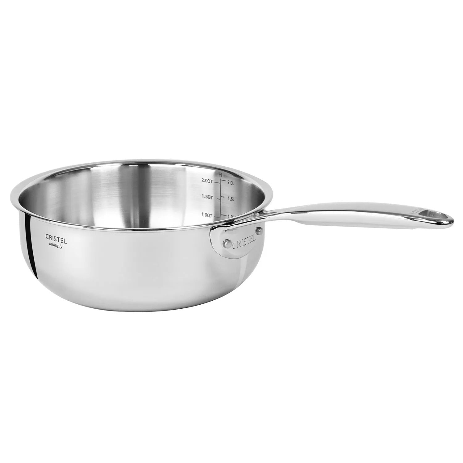 Cristel Stainless steel saucepan with measurement markings on a white background 3.1QT, C22CPF