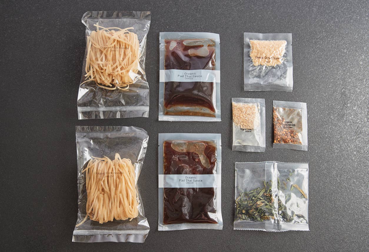 Display of all nine organic sachets for making Pad Thai at home