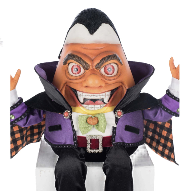 Zoomed view of the Count Kandy Corn's character’s expressive face, tiny vampire teeth, and sparkling braces.